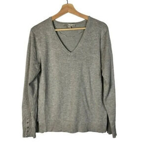 Larry Levine Light Gray V-Neck Button Sleeve Knit Sweater M